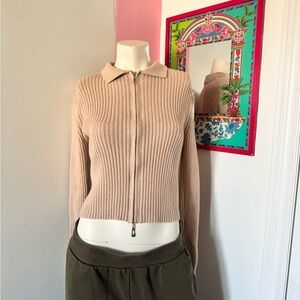 Chic Beige Ribbed Silver Hardware Collared Zip-Up Cropped Sweater